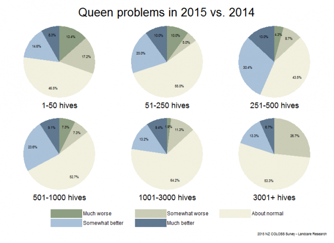 <!--  --> Queen Problems in 2015 Vis-à-Vis 2014:Queen problems in 2015 compared to queen problems in 2014 for all respondents, by operation size.
