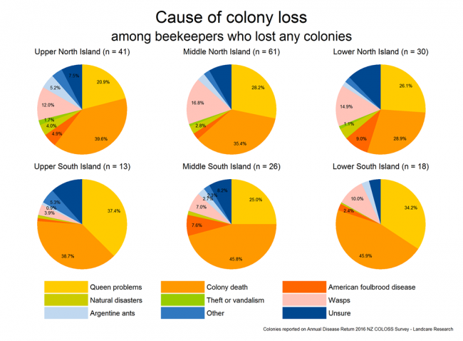 <!-- Share of colony losses attributed to various causes based on reports from respondents with more than 250 colonies who lost any colonies, by region. --> Share of colony losses attributed to various causes based on reports from respondents with more than 250 colonies who lost any colonies, by region.