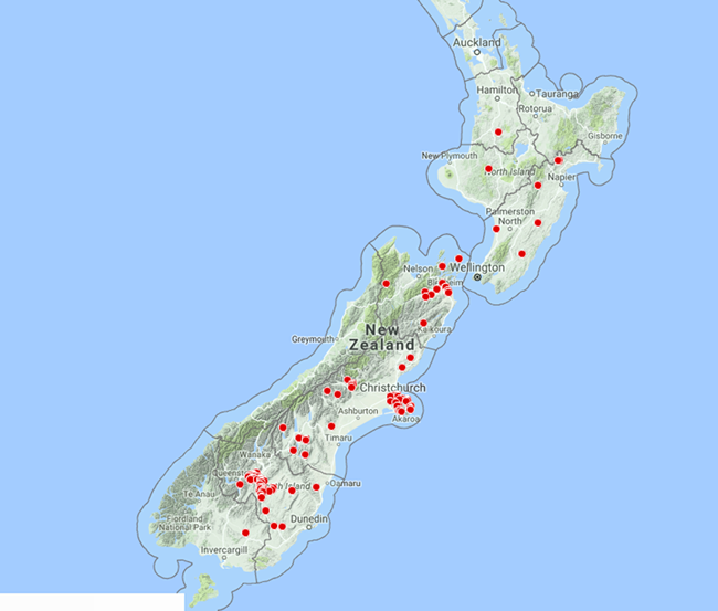 Records of horehound in the New Zealand National Vegetation Survey