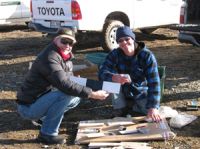 Chris Dickman (University of Sydney) and Grant Norbury preparing tracking tunnels for feral cats at Macraes Flat.