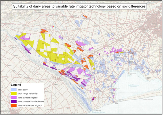 Map of dairy farms in the Central Plains area colour coded for suitability for variable rate irrigation. 