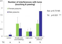 <b>Fig. 1</b> Effect of lure type on the mean number of interferences when possums pushed, pawed or moved the lure station. Treatment groups assigned different letters are significantly different (P < 0.01). There
was no significant effect of sex.