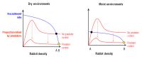 <strong>Fig.</strong> Rabbit recruitment rates in the absence of predators (blue lines) and predation rates (red lines) as a function of rabbit population density in dry (left) and moist environments (right). Predator control lowers the predation curve, which increases rabbit densities from A to B.