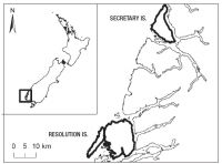 <strong>Fig. 1</strong> Location of Resolution and Secretary islands in Fiordland.