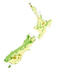 <strong>Map 2:</strong> Cells with the top 5% of the combined species, genus and genus phylogenetic areas of endemism that occur in the DOC conservation estate (dark green) or in unprotected areas (tan). [Light green are the forested parts of New Zealand]