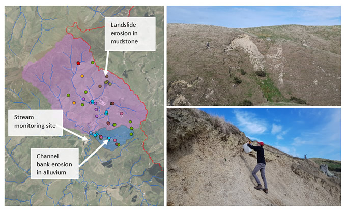 Figure 1. Haunui research catchment in the upper Tiraumea, showing source sample locations (left), and sampling of landslide erosion in hill country (right)  