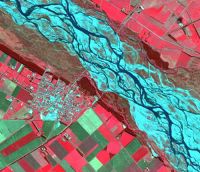 SPOT-5 subscene in standard false colours. A small town on the Canterbury Plains. © CNES 2005.
