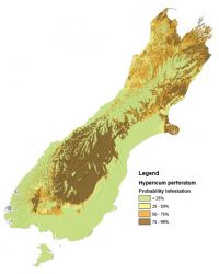 Map showing the potential distribution of St John’s Wort in the South Island.