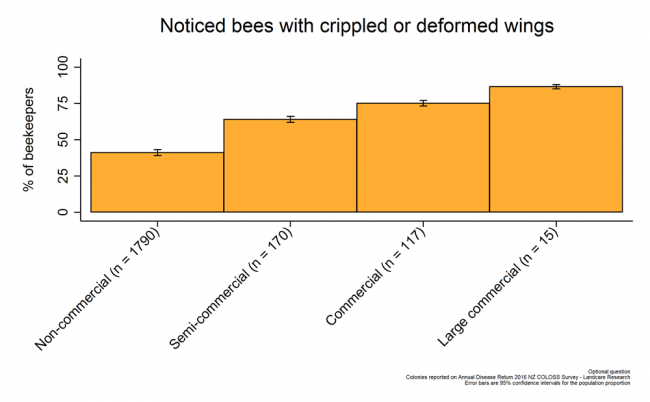 <!-- Share of respondents who observed crippled or deformed wings during the 2015/2016 season based on reports from all respondents, by operation size. --> Share of respondents who observed crippled or deformed wings during the 2015/2016 season based on reports from all respondents, by operation size. 