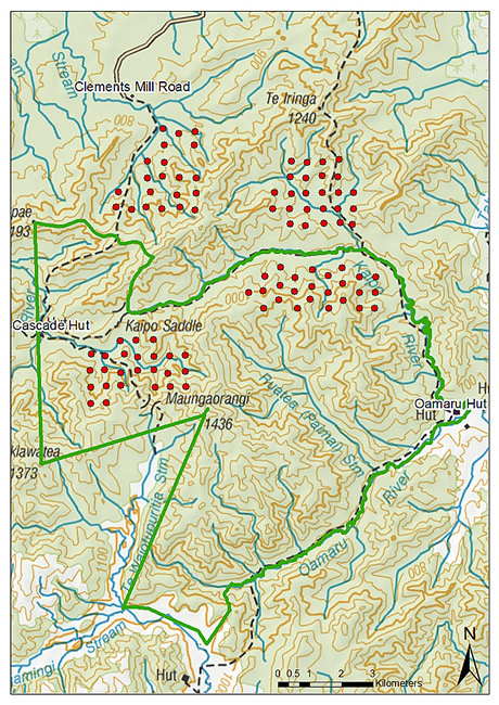 Figure 1. Location of trail cameras (red dots) deployed in the Kaimanawa Forest Park, winter 2017. The green line shows the boundary of the Paemahi possum control operation that was poisoned with EDR cereal bait.