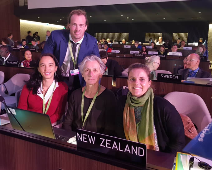 The New Zealand delegation.  Anne-Gaelle Ausseil (Manaaki Whenua), Adam van Opzeeland (MPI), Elaine Wright and Nicola Toki (both Department of Conservation)