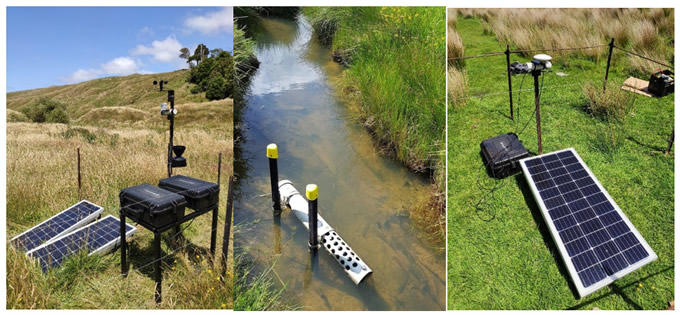 Figure 2. From left to right: a weather station; a sonde measuring flow and turbidity;. a GNSS system monitoring earthflow movement