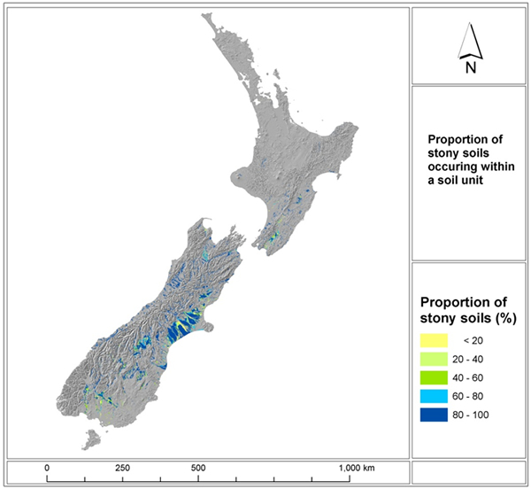 Figure 1: Stony Soils occurring across New Zealand with the portion of stony soils contributing to each polygon unit. Occurrence of stony soils – colour shading indicate percentage of area composed of stony soils.