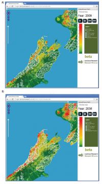 <strong>Fig.</strong> Static output from the beta version of the National Possum Model for central New Zealand showing vector control zones for managing bovine TB. (A) Possum abundance in 2009, and (B) predicted possum abundance in 2038 under a ‘no control’ scenario (population density ranges from 0 to 9 per hectare: red = high; green = low).