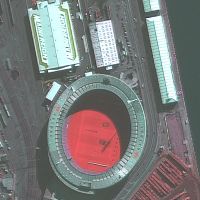 Standard false colour image of The Cake Tin (sports stadium), Wellington. This is a mid-winter image, hence the strong shadowing. (c) CNES 2012.