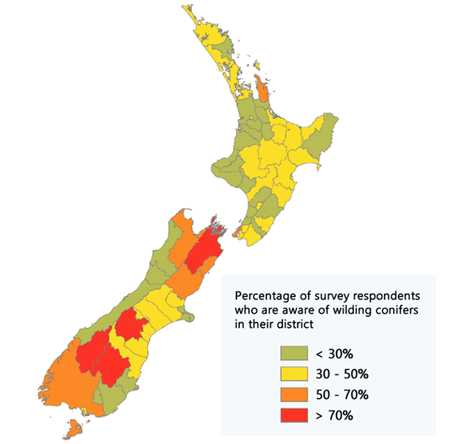 Share of respondents in each district who report being aware of wilding conifers becoming established in their districts. Data Source: LINZ. Crown copyright reserved.