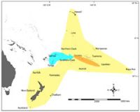 Islands of East Polynesia, summarizing the two phases of migration out of West Polynesia (blue shading): first to the Society Islands (and possibly as far as Gambier) between A.D. ∼1025 and 1121 (orange shading), and second to the remote islands between A.D. ∼1200 and 1290 (yellow shading).  