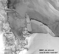 Satellite image showing icebergs B15, C16 and C19 in relation to Ross Island.