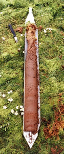 Russian D-section corer with peat core in situ.