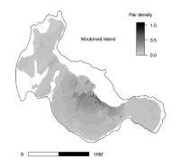 <strong>Fig 1.</strong> The predicted density distribution of breeding pairs of kuia on Moutohorā (Whale Island). Darker colours indicate areas of higher predicted pair density, with density values per square metre. White areas represent regions of the island where density predictions were not made due to unsuitable habitat (i.e. steep cliffs, or rocky or sandy substrate).