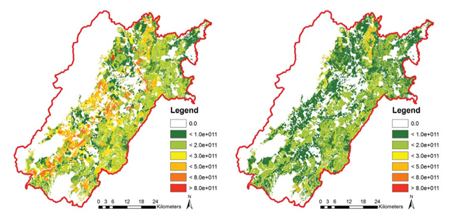 Figure 1. <em>E. coli</em> sources in Ruamahanga catchment. Left: current baseline; Right: with fencing everywhere.
