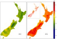 <strong>Fig. 1</strong> Examples of ΔT maps illustrating differences between regions and years for all of New Zealand. The inset shows the high ΔT values for beech forest that generated the forecast of a mega-mast in 2014 (85% of the area of beech forest affected) and contributed to planning for DOC’s ‘Battle for our Birds’ programme.