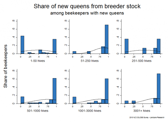 <!--  --> Queens from Breeder Stock: New queens in autumn 2015 that were from queen breeder stock based on reports from all respondents, by operation size.