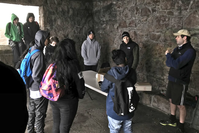 Andrew Gormley & Morgan Coleman briefing students on the orienteering tracking course