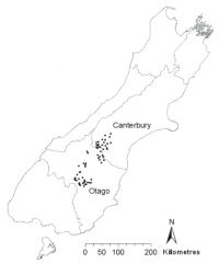 <strong>Fig. 1</strong> Location of the spotlight transects in South Island dryland pastoral areas.