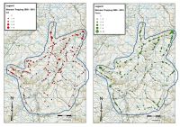 <strong>Fig 1.</strong> Kill sites of predators at Macraes Flat during 2009–2010. More cats were killed (left) in the northern half of the trap area, and a similar pattern pertained for ferrets, although they were more concentrated around the edge (right).