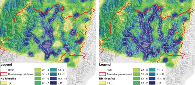 Figure 2. Hive carrying capacity (hives per hectare). Left: current baseline; Right: with fencing everywhere.