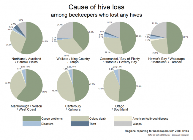 <!--  --> Summary of Reasons Underlying Hive Losses: Regional Average Share of Hive losses attributed to each cause based on reports from respondents with > 250 hives who reported losses, by region.