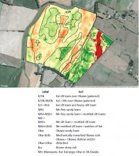 Figure 2: Farm-scale map overlaid onto EM map indicates the pattern of soils occurring under the centre pivot (soil map: A Manderson).