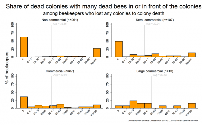 <!-- Share of dead colonies that had many dead bees in or in front of the colonies among respondents who had any dead colonies after winter 2016 based on reports from all respondents, by operation size. --> Share of dead colonies that had many dead bees in or in front of the colonies among respondents who had any dead colonies after winter 2016 based on reports from all respondents, by operation size.