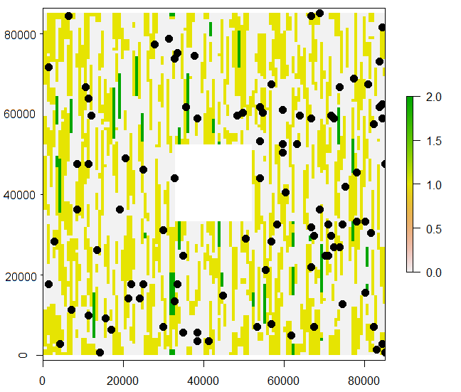 An example of the simulation model used to explore the reinvasion ecology of ferrets. Dispersing ferrets inhabit habitat patches at different densities (background colours), from where they disperse (black dots representing examples of 100 dispersing ferrets) and potentially reinvade the central eradicated block (white area).