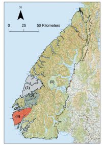 Figure 2. Map of Fiordland and the four Save Our Iconic Kiwi management zones: (1) Freeman Burn, (2) Mt Forbes, (3) Wet Jacket, and (4) West Cape.