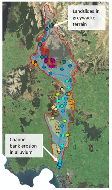 Figure 1 Oreti catchment (Southland), showing spatial spread of sediment sampling to characterize the different sources.