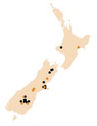 <strong>Fig. 1</strong> Map showing sites in New Zealand where wild strains of RHD virus were collected. Orange dots indicate strains tested for pathogenicity.