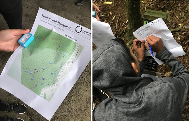 The orienteering tracking route, left, and a student recording the answer to a question at a point stop on the course, right