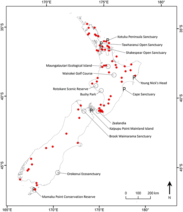 Figure 1: Ecosanctuaries throughout New Zealand. Ring-fenced ecosanctuaries are shown with a circle and fenced peninsula ecosanctuaries with a P. The unfenced sites (red dots) are a large sample of all such sites rather than a complete listing.