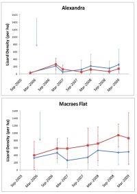 <strong>Fig 2.</strong> Trends in lizard population densities at the Alexandra and Macraes Flat sites with (blue line) and without (red line) predator trapping (means ± 95% CL). Arrows indicate start of trapping.