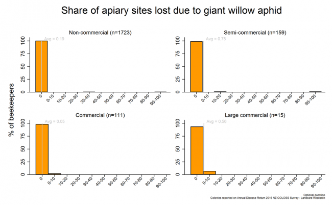 <!-- Share of apiaries lost due to giant willow aphid during the 2015/2016 season based on reports from all respondents, by operation size. --> Share of apiaries lost due to giant willow aphid during the 2015/2016 season based on reports from all respondents, by operation size. 