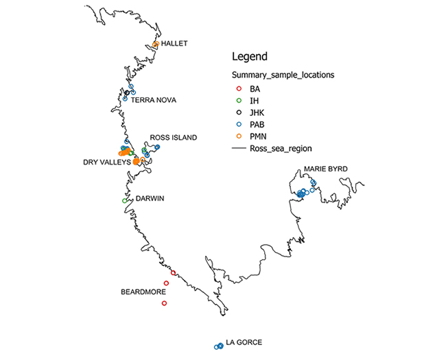 The Ross Sea sector of Antarctica, with the coast shown as a black line. Coloured circles refer to different collections, and range from approximately 72°S at Cape Hallett to 86°S at La Gorce Mountains.