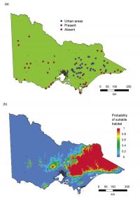 <strong>Fig. 1.</strong> Maps of Victoria (a) showing field-site location, with sambar deer presence (blue) and absence (red) indicated, and (b) habitat suitability for sambar deer.