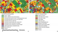 Figure 2. Enlargement of the Summer 2011/12 classification, showing paddock-level detail, and the two types of information produced by the classification: (a) land use timing, as also shown in Figure 1; (b) crop group.