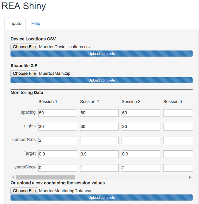 Figure 1. Graphical user interface of the REA model where the user inputs monitoring data, a shapefile to define the area of eradication, and details of the monitoring effort.