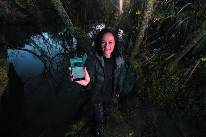 Kairangahau Māori Kiri Reihana shows off the Wai Ora Wai Māori app, a kaupapa Māori assessment tool designed for Ngati Tahu − Ngati Whaoa.