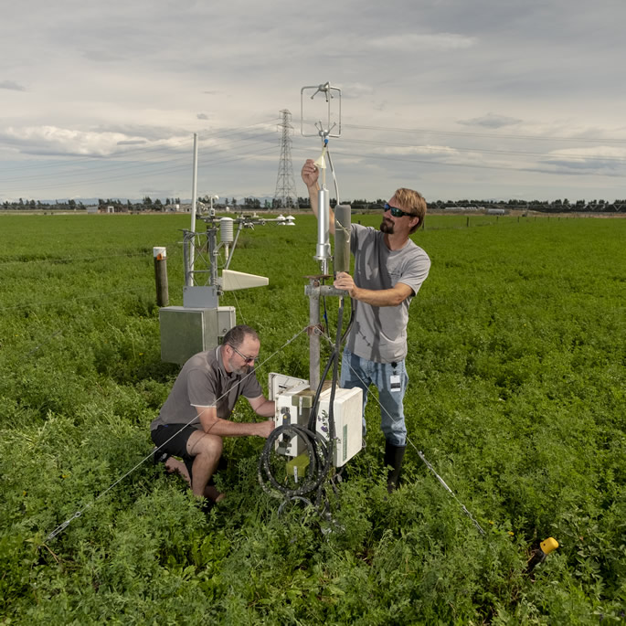 Fig. 2 Instrumentation for continuous field measurements of carbon dioxide exchange at paddock scale using eddy covariance for irrigated lucerne at Ashley Dene. The data provide estimates of carbon input from photosynthesis and combined losses from respiration to contribute to estimation of the annual net carbon balance (photo Brad White).