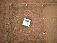 Aerial view of the six lysimeters at Ashley Dene Research and Development Station.