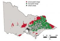 <strong>Fig. 2.</strong> Sambar deer range in Victoria: areas deemed to be unsuitable sambar deer habitat are grey, unoccupied range is red, and occupied range is green with circles showing sambar deer locations recorded from the Atlas of Victorian Wildlife.